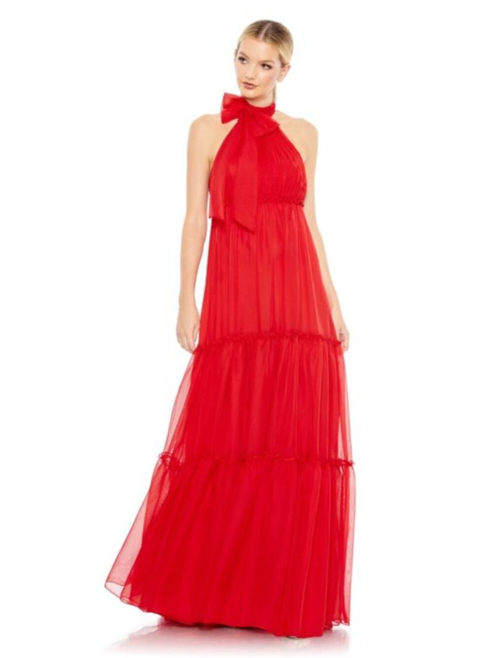 Mac Duggal Ruched Tiered High Neck Bow A Line Gown with Bow - Size 4